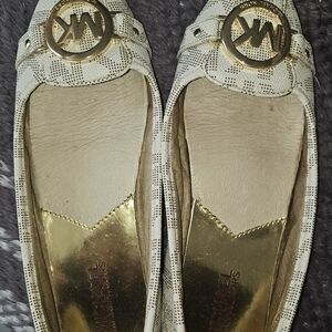 Michael Kors White Flats with Gold MK Medallion